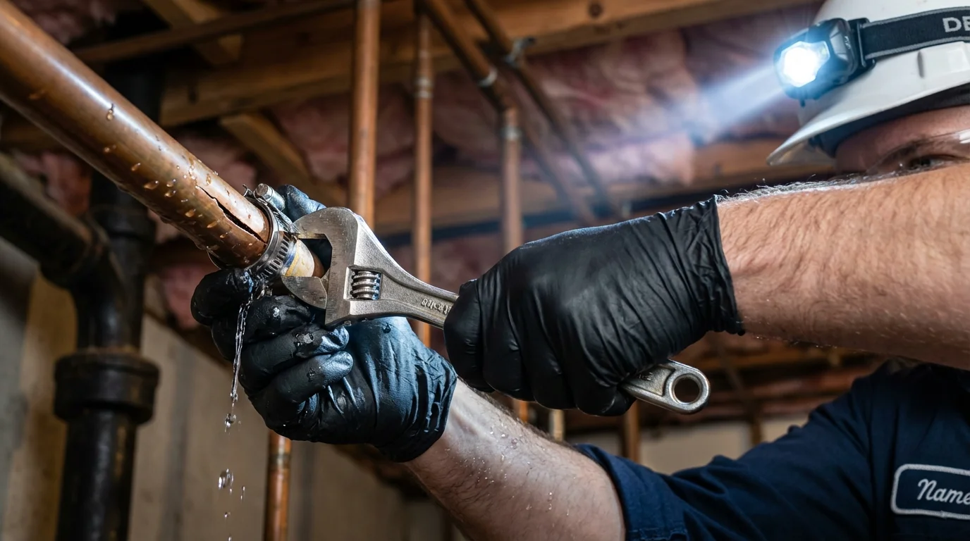 Emergency pipe clamp repair being performed by a Johns Plumbing LLC plumber in Sunflower