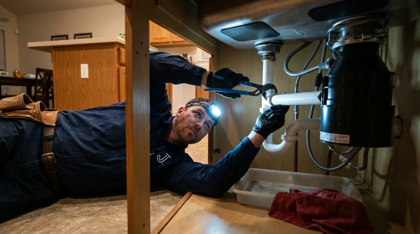 P-trap and supply line connections under a kitchen sink showing a common leak point in Sunflower, MS
